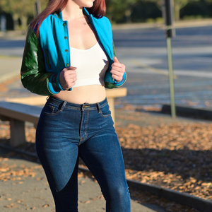 <b>Womens</b> Varsity Crop <b>Jacket</b> <b>Light</b> Blue Green Letterman Style Bomber Coat Faux Leather Sleeves Casual Outerwear Ladies Fashion - Product Image 2