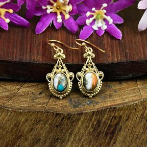 Pendientes de Oro con Gema de Turquesa de Ostra Espinosa, Estilo Boho, Modernos, en Forma de Lágrima, Pendientes de Diseño con Filigrana, Joyería Fina al por Mayor - Product Image 1