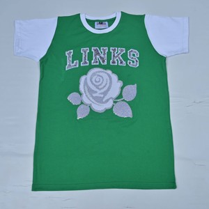 เสื้อยืดผู้หญิงคุณภาพพรีเมียม สีเขียว ประดับเลื่อมลายตัวอักษรและดอกกุหลาบ คอกลม แขนสั้น ผ้าคอตตอนเจอร์ซีย์ ทันสมัย สวยงาม - Product Image 5