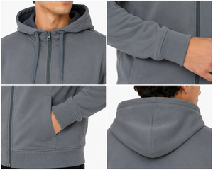 Men's Gray <b>Hooded</b> <b>Zip</b>-Up Fleece Casual Autumn Solid Color Front Pocket Cotton Knitted Jogging Workwear Hoodie - Product Image 4