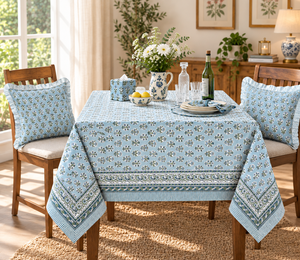 Ridhi Blue Indian Handmade Blockprint Modern Eco-Friendly Durable Washable 100% Cotton Rectangle Floral Printed <b>Tablecloth</b> - Product Image 2