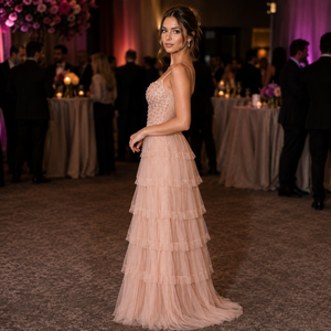 Luxury Blush Pink Tiered Tulle Ball Gown for Women | 3D Floral Embellished Party Dress | Elegant Wedding & Reception Wear Dress - Product Image 4