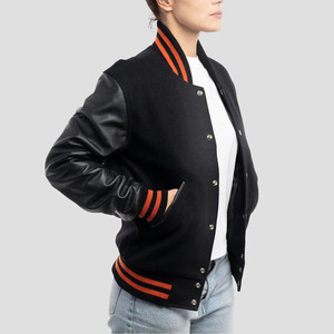 Blouson Bomber Varsity Premium pour Femme en Laine et Cuir – Corps en Laine, Manches en Cuir, Poignets Côtelés et Boutons-Pression - Product Image 6