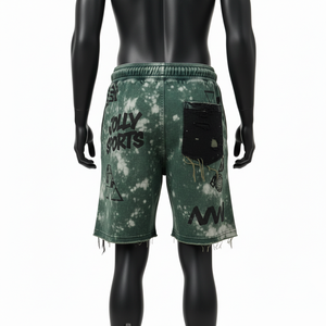 <b>Men</b> Acid Wash Cotton Fleece <b>Shorts</b> 320GSM Heavyweight Green Patch Panel Streetwear With Custom Print Logo Acid wash <b>men's</b> <b>shorts</b> - Product Image 2