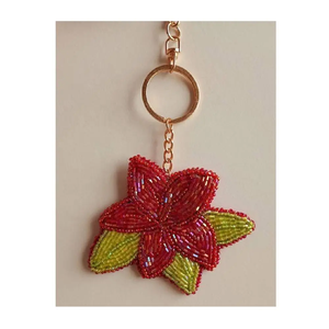 Beaded Flower Keychain Red Green Leaf Pattern Fashion Bag Charm Accessory - Product Image 1