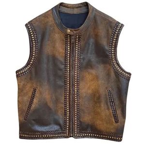 Gilet moto en cuir véritable pour homme, col rond, fermeture éclair, décoration à rivets, couleur unie, vêtement d'extérieur d'automne, longueur standard - Product Image 3