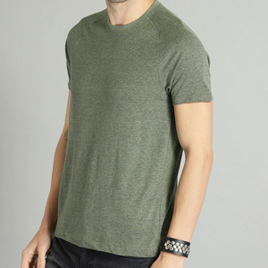 T-shirt à manches courtes pour homme, vert olive, col rond, décontracté, couleur unie, jersey tricoté, coton respirant 300g, confortable - Product Image 3