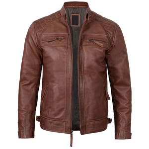 Men's <b>Brown</b> High Quality Genuine <b>Leather</b> <b>Jacket</b> Stand Collar Zipper Closure Regular Fit Fashion Wear - Product Image 1