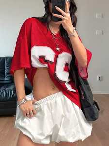 Camiseta Deportiva de Fútbol Americano para Mujer, Estilo Streetwear, Personalizada OEM, Roja, Oversize, de Malla, Transpirable, de Poliéster, Cuello en V, Ajuste Holgado - Product Image 2