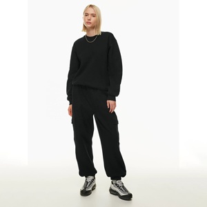 High Quality <b>Women's</b> <b>Black</b> Cargo Pants Mid Waist Loose Fit Ankle-Length Fleece Casual Pants <b>Pockets</b> Elastic Waist Autumn Pants - Product Image 4