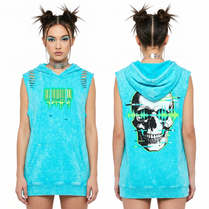 Custom Women Brutal <b>Tech</b> Graphic Hoodie Oversized Charcoal Acid <b>Wash</b> Pullover Streetwear Vintage Distressed Hem Layered Sleeve - Product Image 2