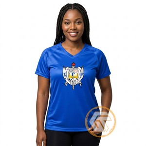 Camiseta de Manga Corta con Cuello en V Azul para Mujer, Sigma Gamma Rho, de Secado Rápido, 100% Algodón Jersey, con Logotipo del Escudo Estampado, para Verano - Product Image 1