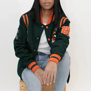 Custom Long Knitted Wool Varsity <b>Jacket</b> Chenille Patches Embroidery Sororities Breathable Fleece Lining Green Orange - Product Image 5