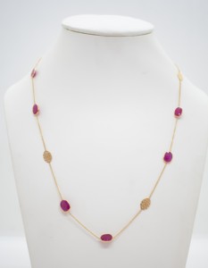 Natural Ruby Station Necklace in Solid 18K Yellow Gold – Oval Bezel Set Red Gemstone <b>Chain</b> with Textured Gold Medallions - Product Image 1