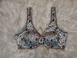 Blusa Corta sin Mangas de Satén de Seda 100% Gris Plateado Multicolor, Top de Novia Tejido para Boda, Estilo Saree, Escote Corazón, Invierno Otoño - Product Image 3