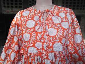 Floral Handblock Cotton Floor Length Dress O Neck <b>Three</b> Quarter Puff Sleeves Loose Fit Women's Daily Wear Embroidery Pocket - Product Image 6