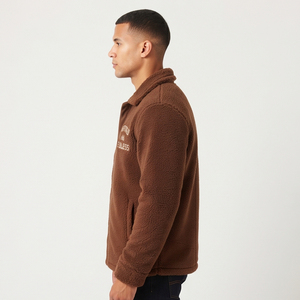 Men's <b>Brown</b> <b>Fleece</b> Jacket With Embroidered Logo Turn-down Collar Polar Sherpa Jacket Casual Winter Wear Loose Fit Sherpa Coat Me - Product Image 3