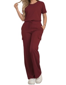 Ensemble pantalon pour femme : haut à manches courtes à col rond de couleur unie de style décontracté et pantalon long polyvalent à taille élastique pour tous les jours - Product Image 1