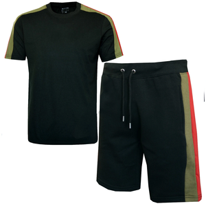 Men's Casual T-Shirt and Shorts <b>Set</b> Striped Design Crew Neck Cotton Spandex <b>Knitted</b> Breathable Summer Wear - Product Image 4