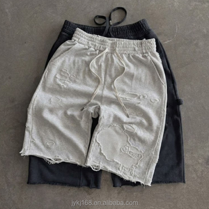 Shorts Bermuda en Coton Déchiré pour Homme, Taille à Cordon, Style Décontracté, Couleur Unie, Tissu Tricoté Respirant - Product Image 1