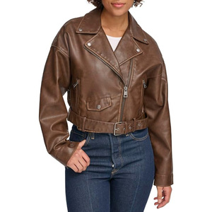 Chaqueta de Motociclista para Mujer, Color Marrón, Cuello Camisero, Cierre de Cremallera, Chaqueta Corta de Motociclista - Product Image 3