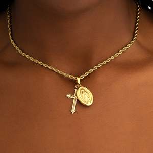 Gold Plated Rope <b>Chain</b> Pendant Necklace With <b>Cross</b> And Religious Medallion Unisex Everyday Wear Christian Jewelry - Product Image 3