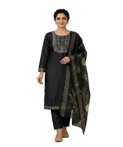 NOUVELLE ARRIVÉE - Ensemble haut, bas et dupatta en coton slub tissé, pour tenue de fête, prix de gros, luxe, séchage rapide, vêtement ethnique, noir - Product Image 3