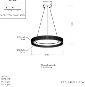 โคมไฟเพดาน LED โมเดิร์น พร้อม CCT 2200K - 3000K - 4000K, โคมไฟแขวนโลหะ 20W สำหรับห้องรับประทานอาหาร โรงแรม - Product Image 4
