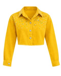 Chaqueta Vaquera Corta para Mujer en Color Amarillo Mostaza, con Cierre de Botones Frontales con Pedrería, Manga Larga, Estilo Urbano - Product Image 1