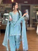 Salwar Kameez en Soie Satinée de Créateur, Style Traditionnel pour Fêtes et Mariages, avec Broderies Rivet et Moti, Manches Fantaisie et Longueur Genou