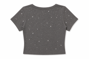 T-shirt vintage Y2K pour femme avec strass, haut côtelé extensible, col rond, manches courtes, coupe ajustée, chemisier décontracté, ajustement élastique - Product Image 4