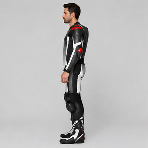 Combinaison de moto pour homme en cuir PU noir et blanc, à capuche, séchage rapide, respirante, coupe ajustée, coupe-vent, col rond, color block, streetwear - Product Image 3