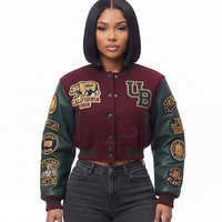 Jaket Varsity Crop Wanita Nyaman & Bernapas, Desain Pendek, Logo Custom, Jaket Rajut Letterman Wanita