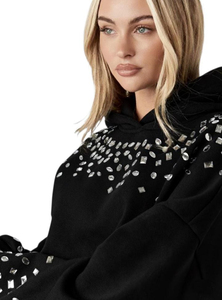 <b>Women's</b> Custom <b>Black</b> Rhinestone Hoodie Oversized Drop Shoulder Yoke Cuffs Heavy <b>Fleece</b> Pullover Sweatshirt OEM - Product Image 4