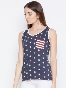 Débardeur sans manches pour femme, imprimé étoiles, avec poche drapeau, col rond, tricoté, décontracté - Product Image 3