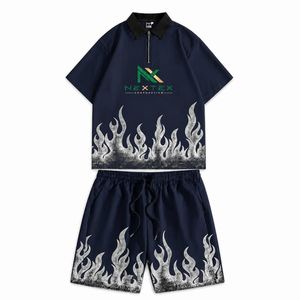 Custom <b>Men</b> Flame Print Half <b>Zip</b> Polo Shirt <b>Shorts</b> Set 2 Piece Summer Streetwear Hip Hop Outfit Casual Active Wear Clothes - Product Image 1
