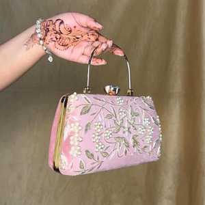 Elegant Jewelry Beaded Embroidery pink and goldan Shoulder Bag With <b>Top</b> Trendy Handmade Fancy Touch packaging - Product Image 2