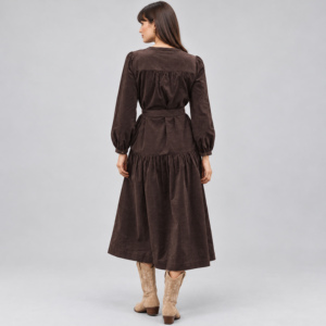 Robe mi-longue pour femme, couleur unie, manches longues, boutonnée sur le devant, ceinturée, avec poches - Product Image 6