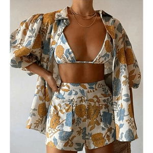 Conjunto de 3 piezas de lino floral vintage para mujer: camisa de manga abullonada con frente abierto, bikini a juego y pantalones cortos cargo - Product Image 4