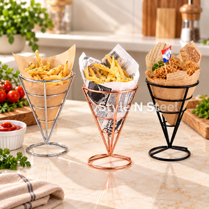 Cesta de alambre metálico negro para alimentos, soporte cónico para freidora, soporte de exhibición para papas fritas, aperitivos y postres en mostrador - Product Image 3