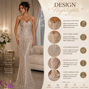 Vestido de noche largo estilo sirena con cuentas color champán |   Vestido de Fiesta de Diseño Hecho a Mano con un Solo Hombro Descubierto |   Ropa de Recepción Formal de Lujo - Product Image 6