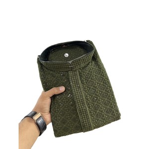 แบบดั้งเดิมเรยอนลัคโนวีลำดับการทำงาน kurta กับ payjama มะกอก - Product Image 1