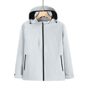 Men's <b>Light</b> Gray Hooded Windbreaker Jacket with Zipper Closure Casual Outdoor Wear Autumn Season Polyester <b>Shell</b> - Product Image 1