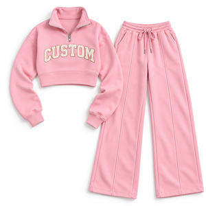 Conjunto de chándal rosa para mujer con cremallera de un cuarto, pantalones de chándal de pierna ancha, sudadera con media cremallera bordada personalizada, venta al por mayor OEM, marca privada - Product Image 3