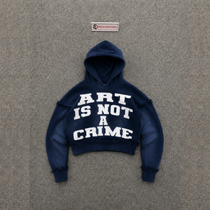 PREMIUM ART IS NOT A CRIME BLUE OVERSIZED HOODIE Crop Fit Streetwear Style Navy Blue Cotton French Terry Print Front VINTAGE INS - Product Image 5