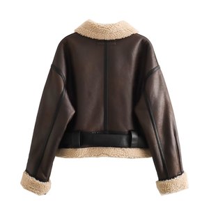 Brown Women's Genuine <b>Leather</b> Shearling Bomber Jacket With Fur Trim Zipper Closure Winter <b>Short</b> Coat Full Sleeve Windproof - Product Image 3