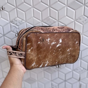 Hand Tooled Leather <b>Toiletry</b> New Designer Organizer Shaving Kit Man Women Travel Cosmetic Bags Cowhide Leather Makeup Bags - Product Image 1