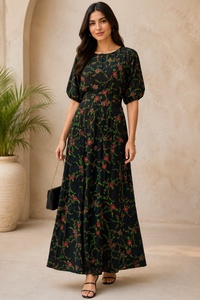 Floral Print Floor-Length Maxi <b>Dress</b> O-Neck Short Sleeve A-Line Loose Fit Boho Style Rayon Woven Eco-Friendly Breathable Casual - Product Image 6