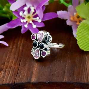Bague ajustable en argent sterling 925 avec zircon rose et rubis, style floral, pour femme, bijou tendance - Product Image 5