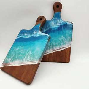 Planche à découper carrée pliable en acacia artisanale avec poignée, durable, non toxique, bleu sarcelle, plateau de service pour charcuterie, compatible lave-vaisselle - Product Image 4